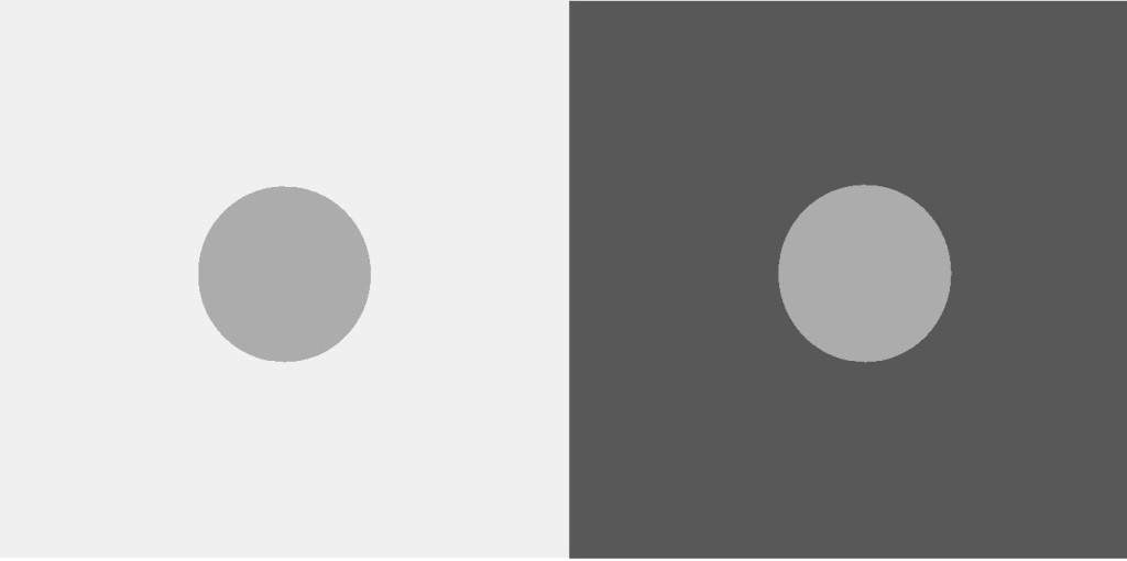 Figure 1: Simultaneous contrast. The two circles have the same luminance (on screen) or reflectance (if printed) but because of the difference in background they appear to be at different grey levels. From Kingdom (2011). Cf. Cohen (2009). 
