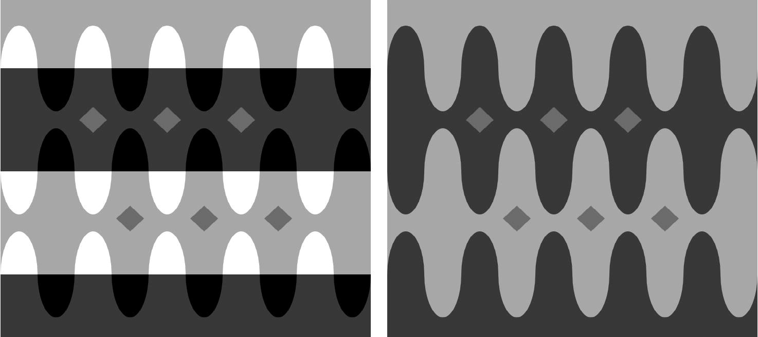 Figure 3: Adelson’s Snake. All of the small diamonds have the same luminance (on screen) or reflectance (if printed). But the top left row of diamonds, which seems to be behind a dark trans- parency, appears much lighter than the bottom left row, which seems to be strongly illuminated. The image on the right hand side (the ‘anti-snake’) shows the basic simultaneous contrast effect for comparison. From Kingdom (2011).