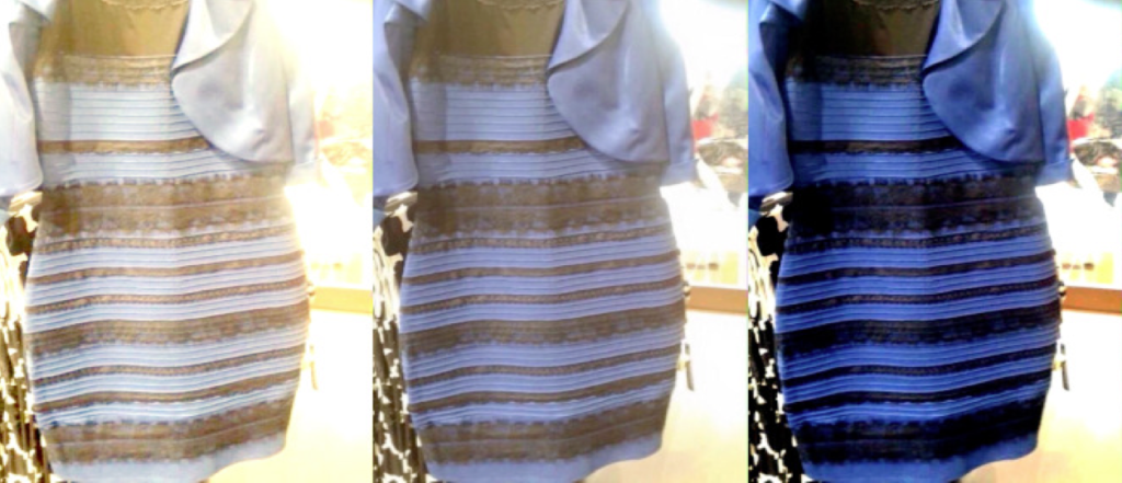 Figure 4: The original image that caused the controversy over the colour of the dress appears in the middle. It looked black-blue (see image on the right) to some but white-gold to others (see image on the left). Adopted from Wired.com http://www.wired.com/2015/02/science-one-agrees-color-dress/
